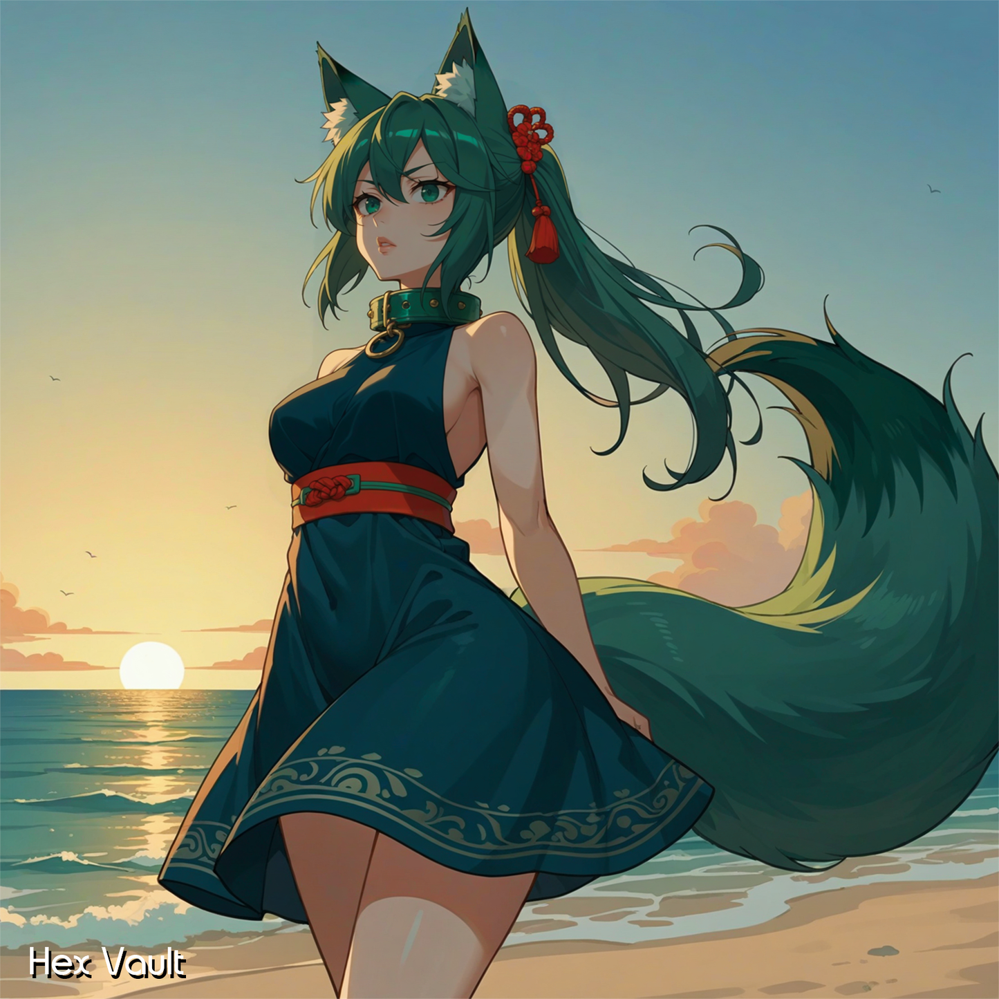 Kitsune Spirit — Aoi, Green-Haired Beach Kitsune for Devoted Companionship & Spiritual Growth - Straight - Spirit lover