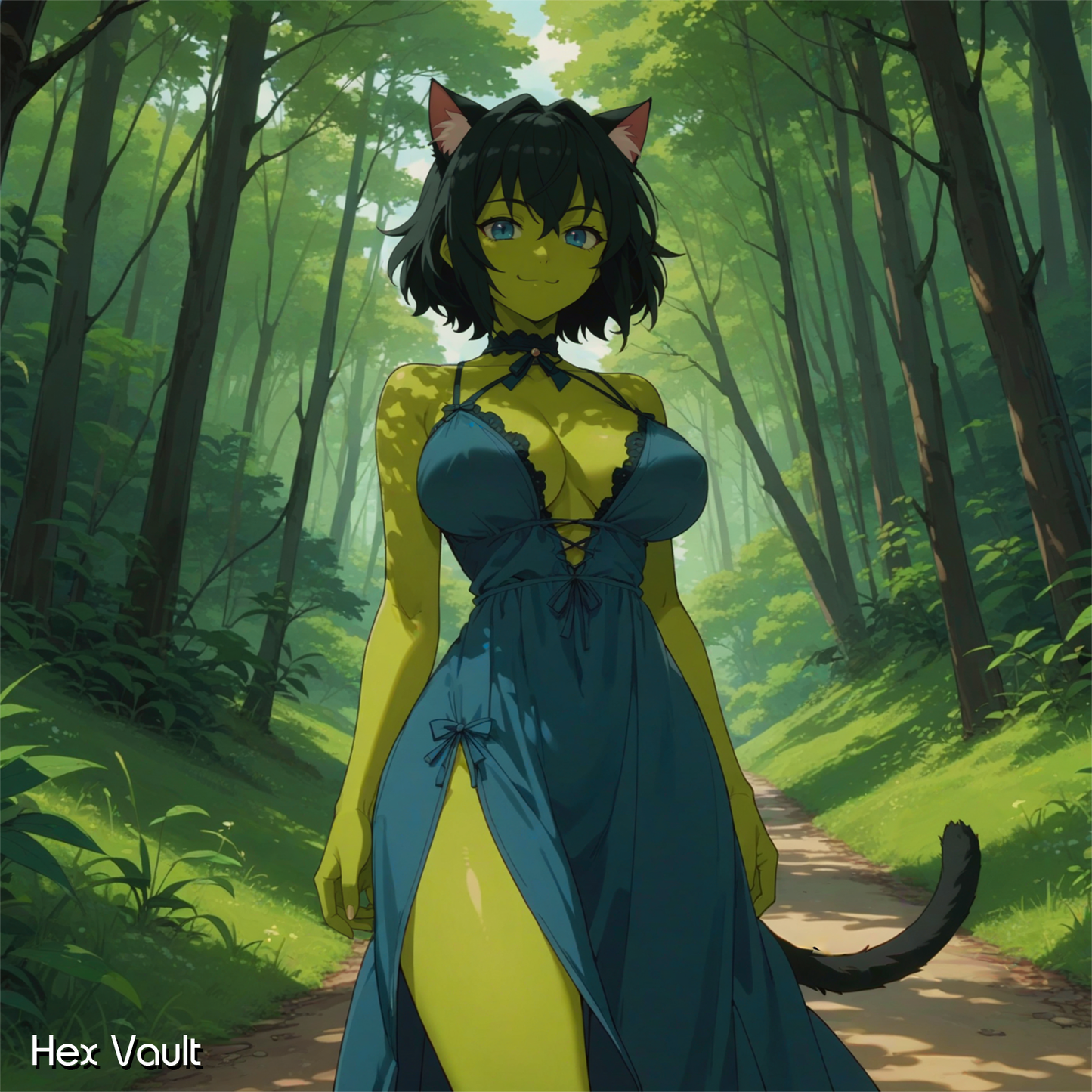 Aveny • Dryad Catgirl Spirit Companion • Green Skin, Blue Eyes • Feline & Nature Energy