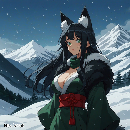 Winter Fox Spirit Companion – Black Fur Beastkin with Green Eyes, Intuition & Guidance