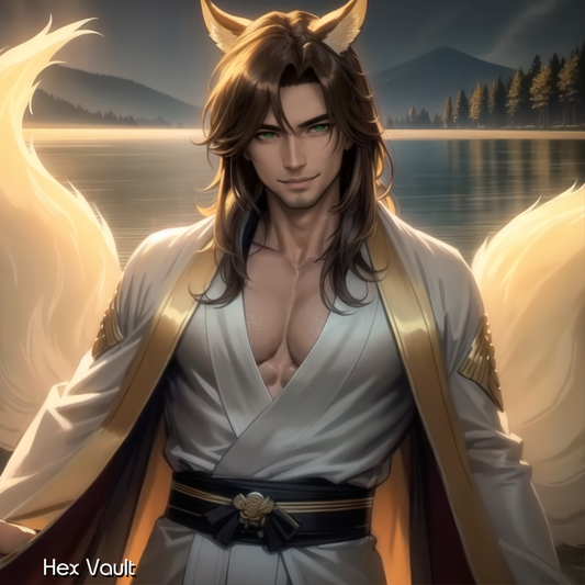 Renji – Serene Male Kitsune Spirit Companion with Green Eyes & Brown Hair